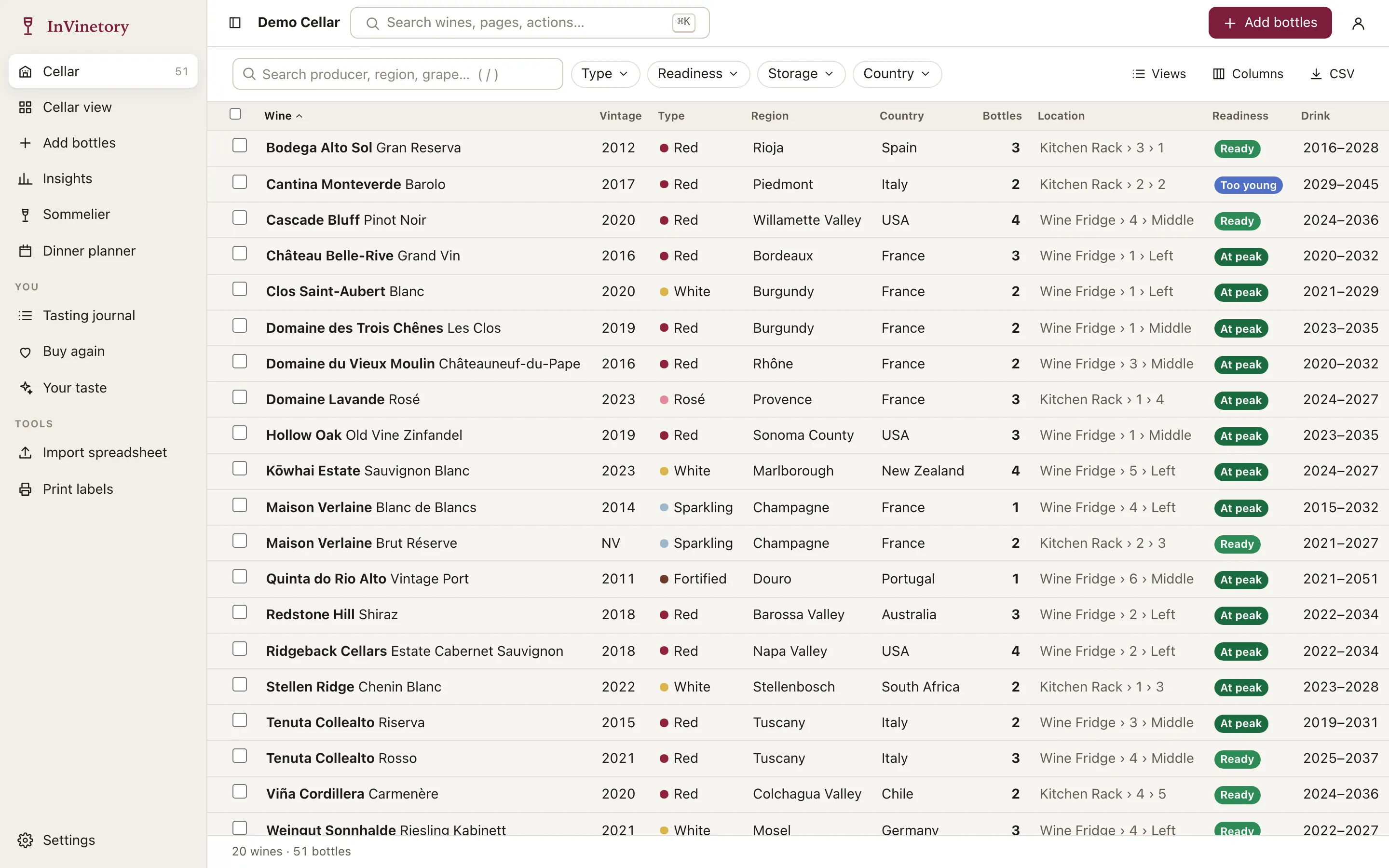 InVinetory desktop cellar table listing wines with vintage, region, bottle count, location and readiness, using an invented demo cellar.