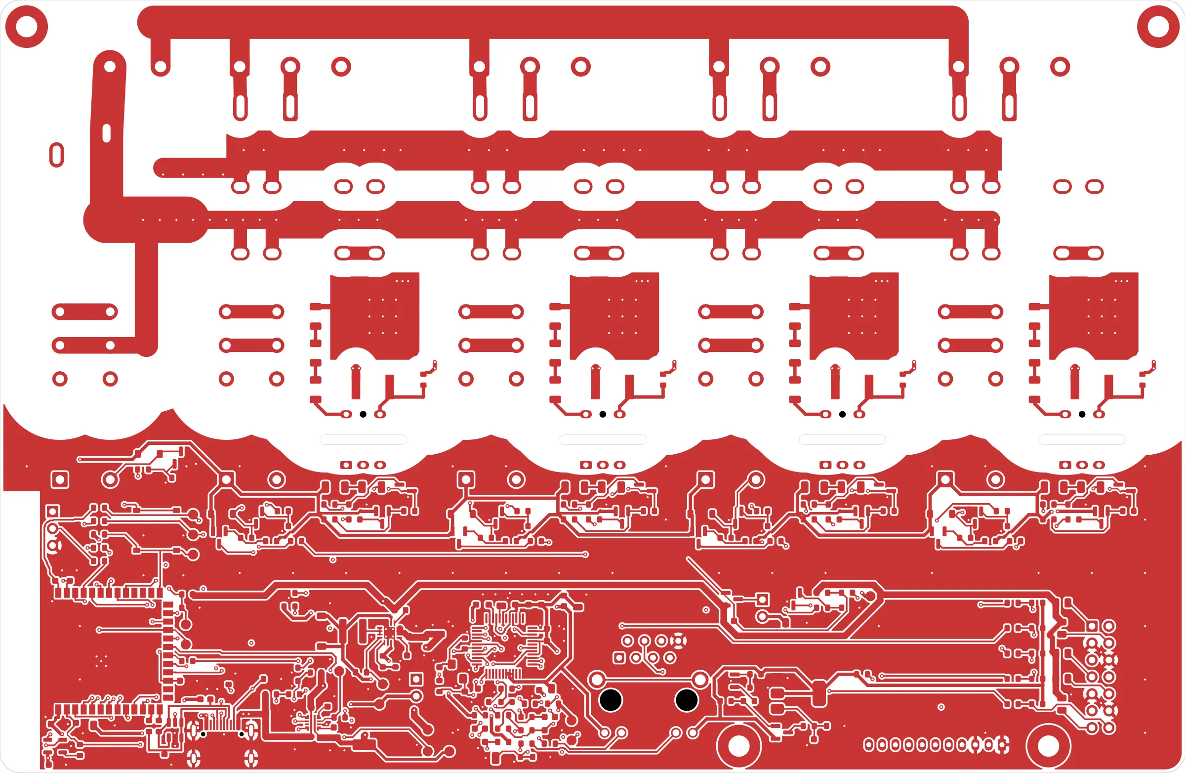 Top copper layer showing wide mains pours, the isolation barrier and dense low-voltage routing.
