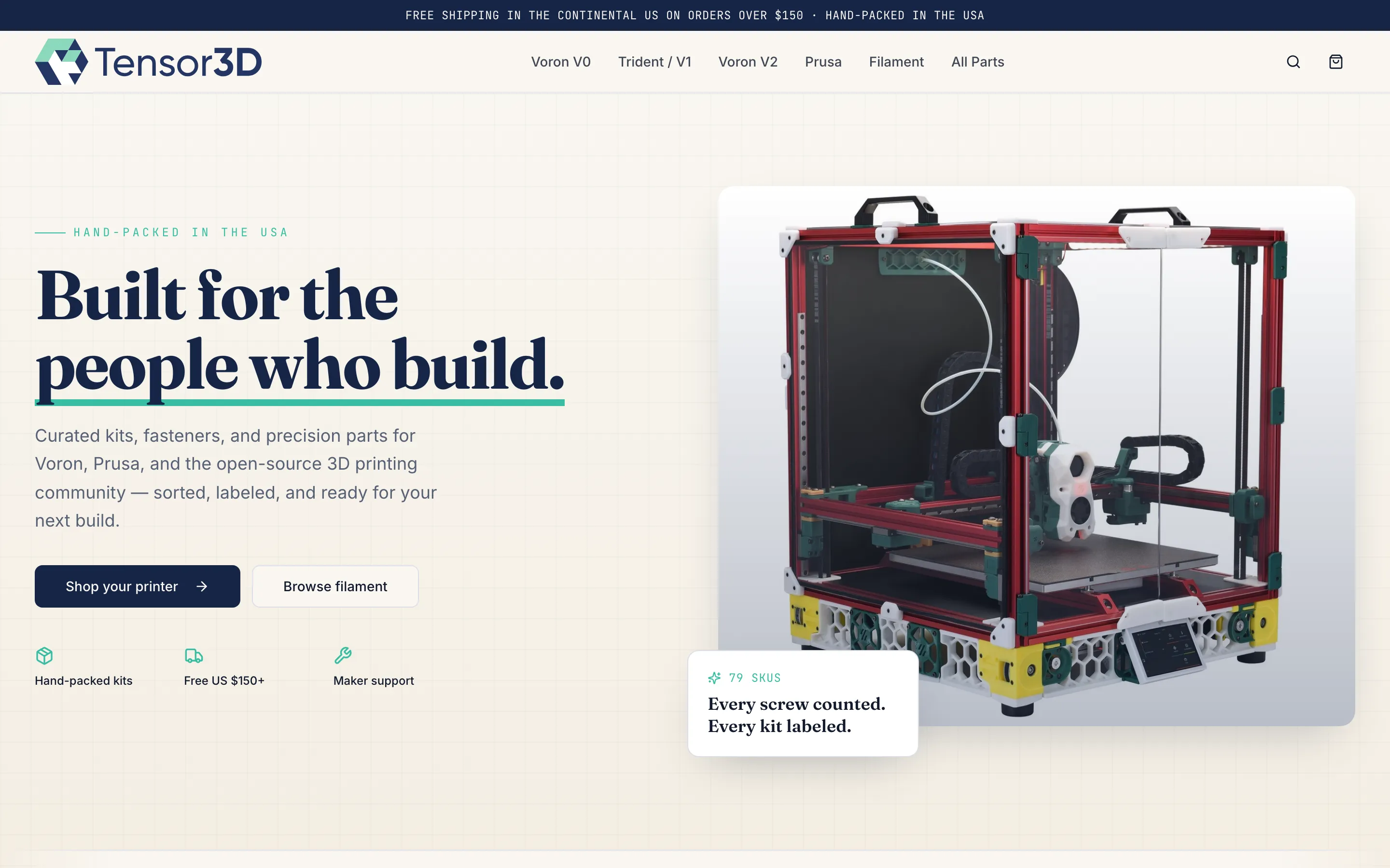 The Tensor3D storefront home page: "Built for the people who build." with a Voron printer photo.