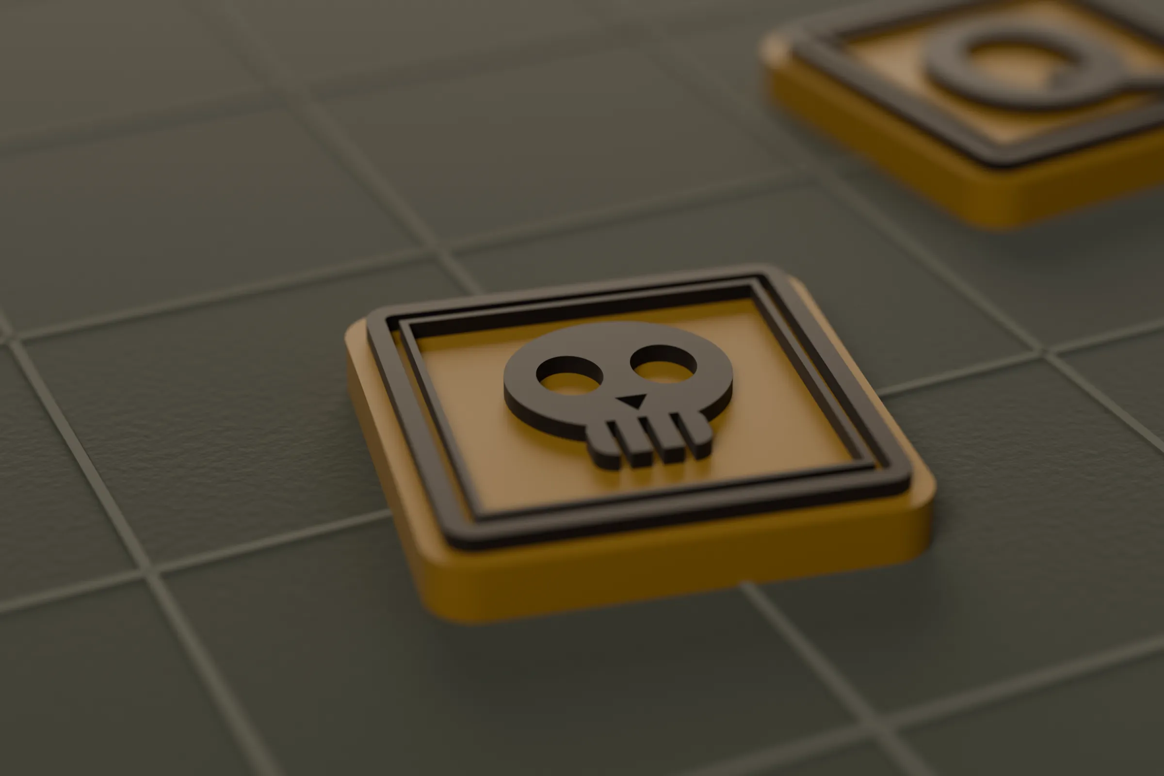Macro render of a single token showing the raised glyph and double pinstripe.
