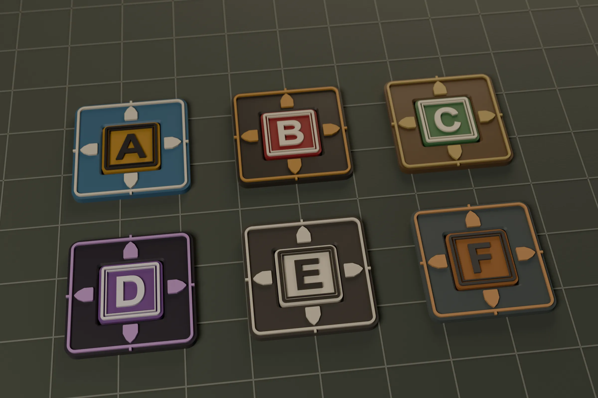 Tokens rendered in six filament color palettes.