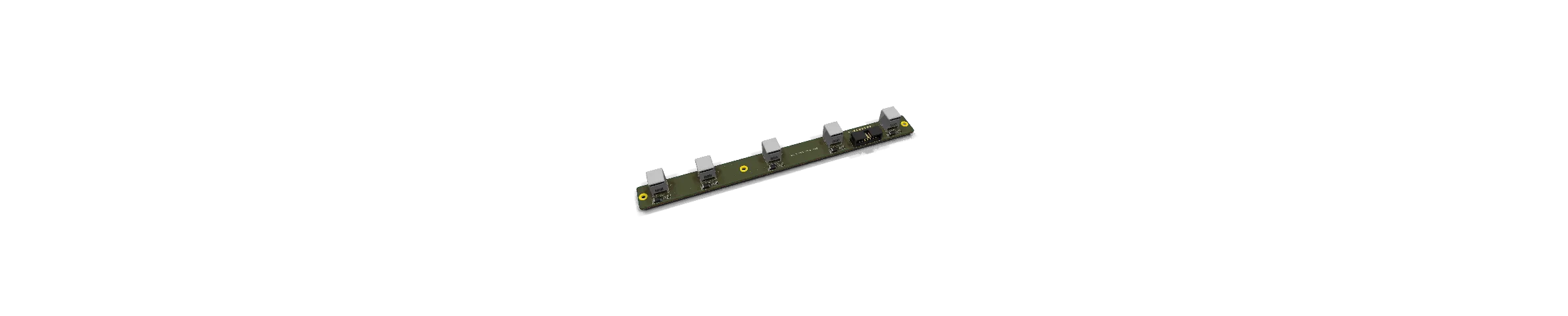 3D render of the long, narrow sensor board with five RJ12 jacks.