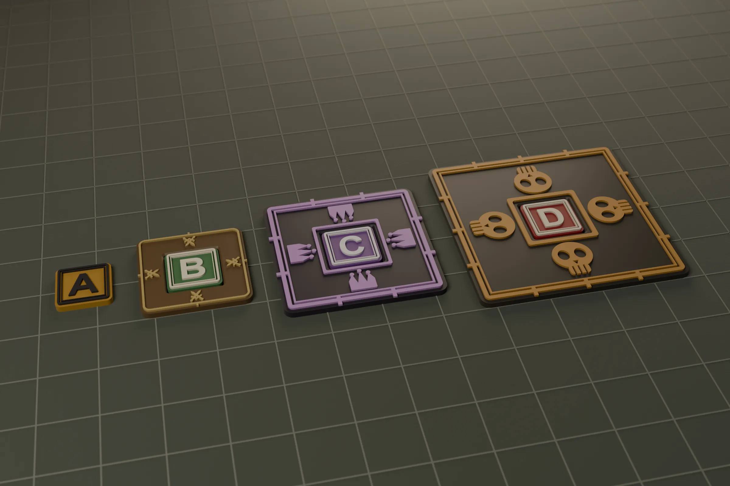 Photoreal render of printed tokens in four sizes on a felt mat.